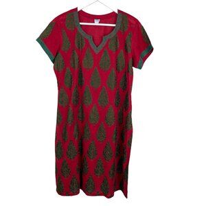 Vintage Plezer Dress Womens XL Red Short Sleeve TShirt Dress Knee Length Leaf